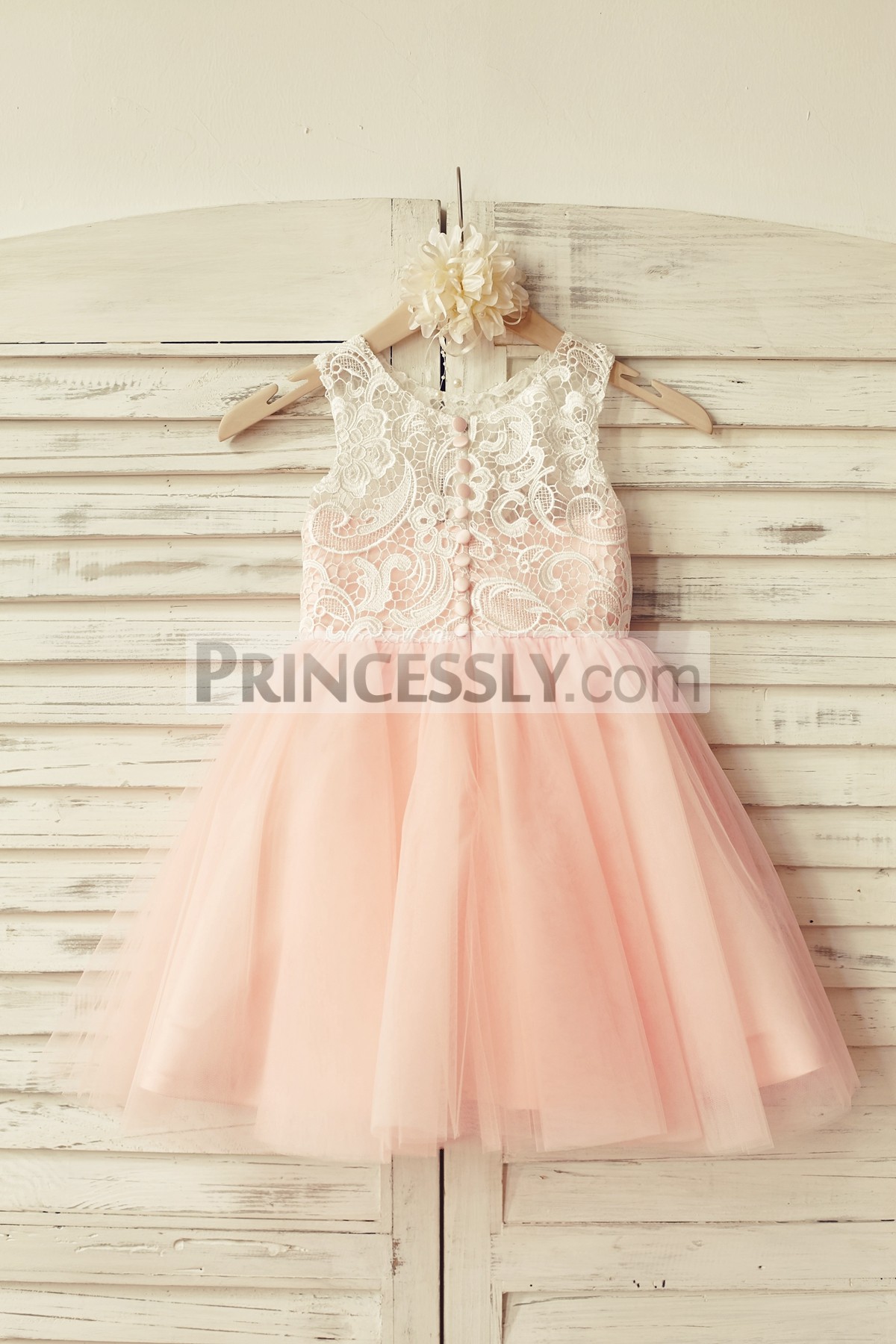 Ivory Lace Blush Pink Tulle Button Back 