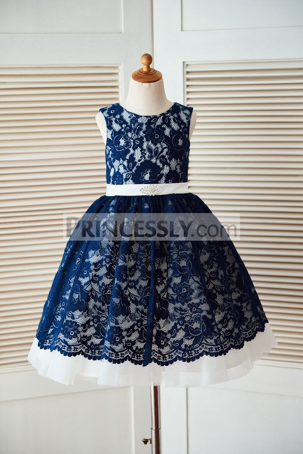 Navy Blue Lace Ivory Tulle Wedding Flower Girl Dress with Beaded Belt ...