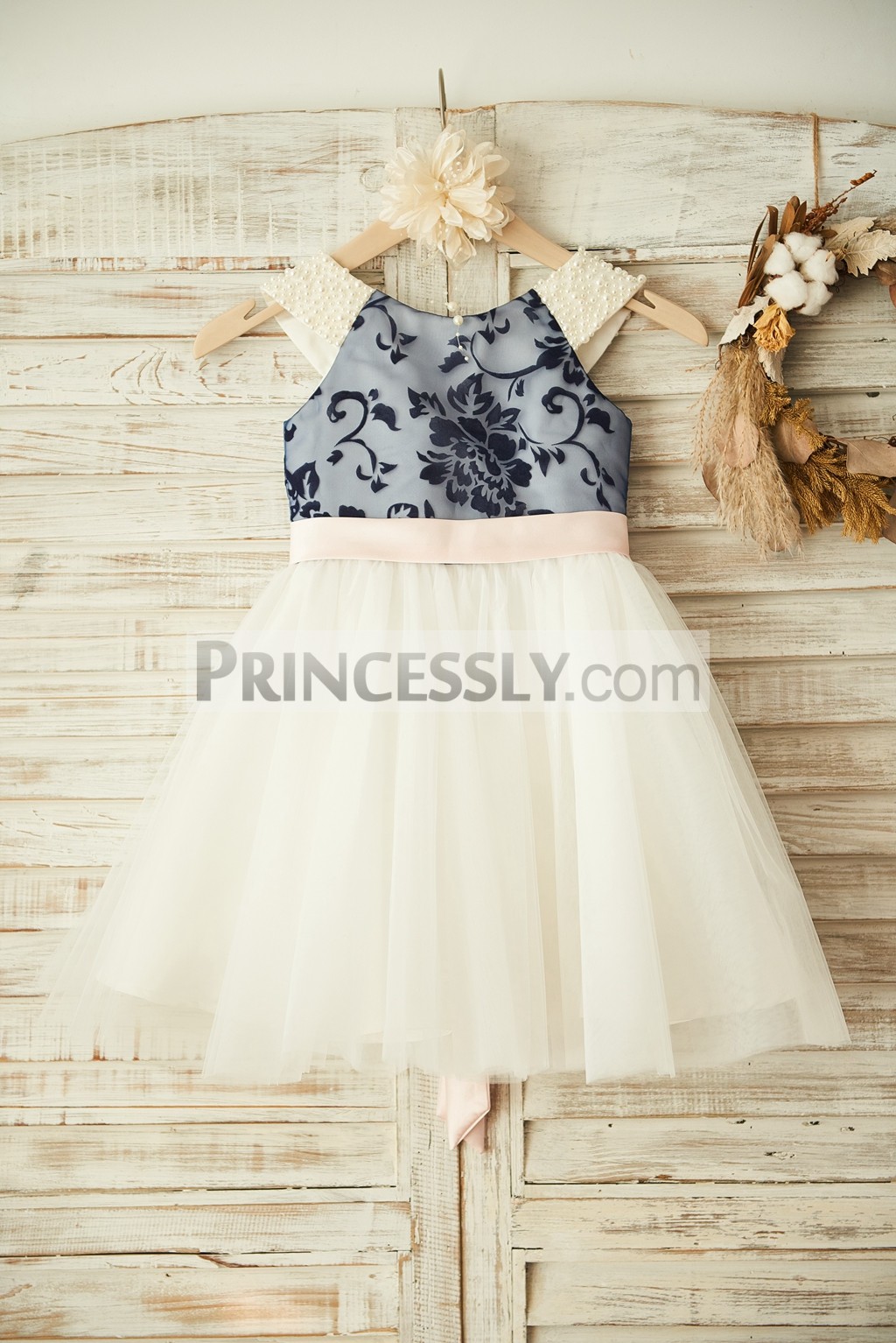 blush pink and navy blue dress