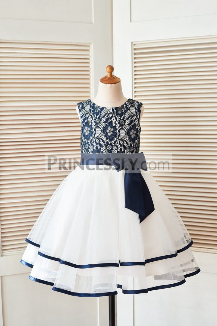 Navy Blue Gold Lace Ivory Tulle Layered Flower Girl Dress with Bow ...