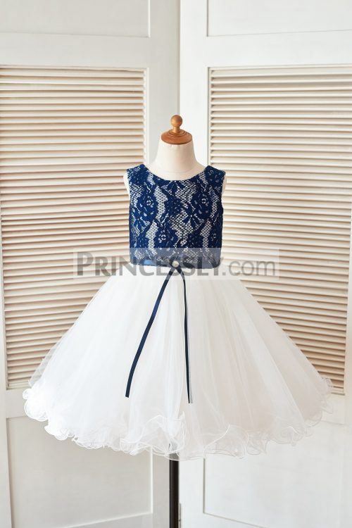 Navy Blue Lace Ivory Tulle Curly Hem Flower Girl Dress with Ribbon ...