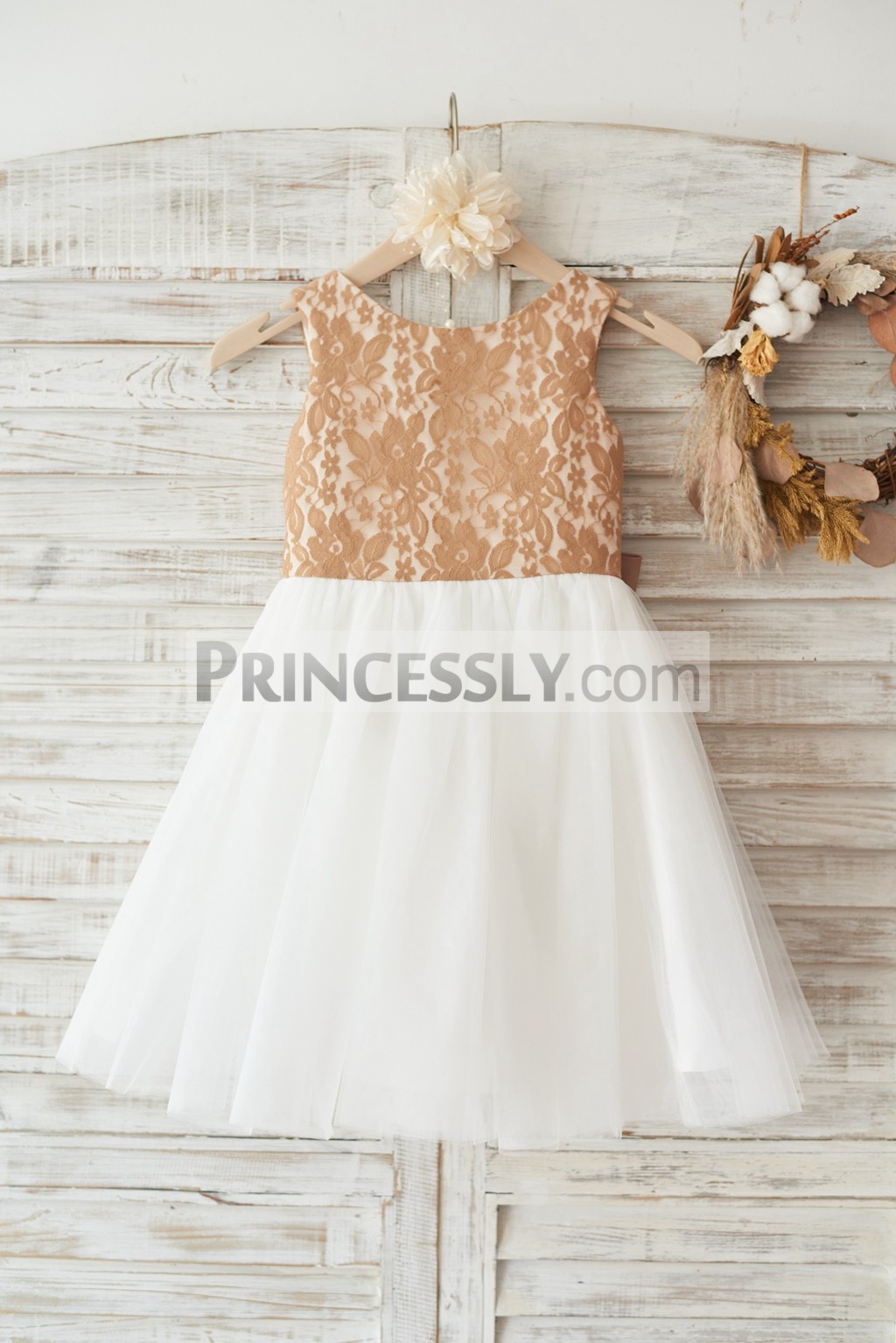 Champagne Gold Lace Ivory Tulle Flower Girl Dress with Deep V Back/ Bow ...