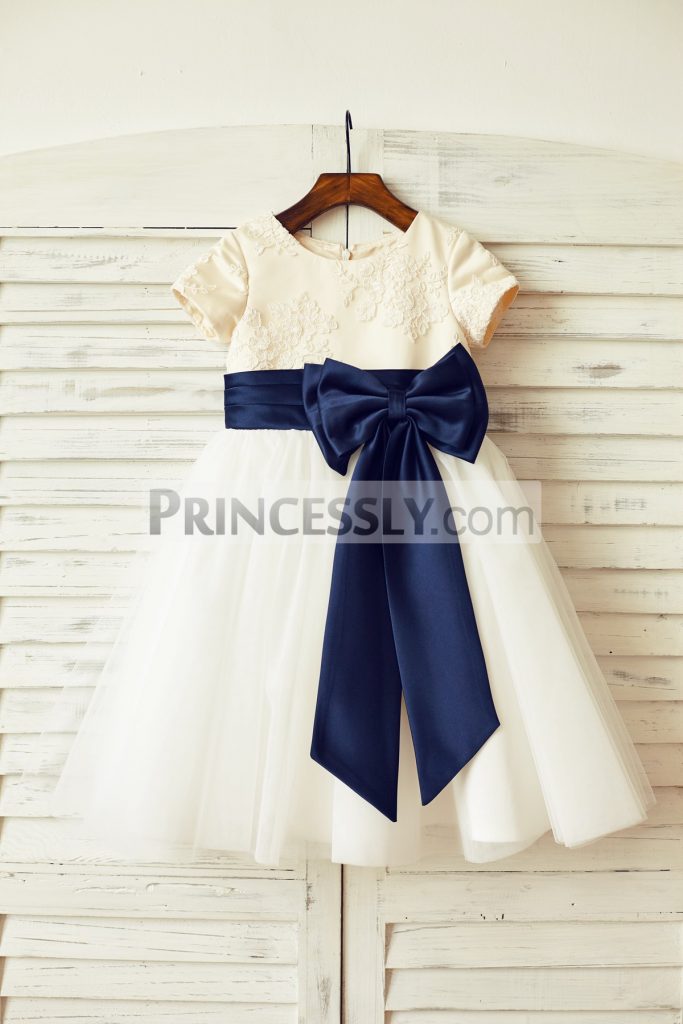 Short Sleeves Ivory lace Tulle Flower Girl Dress with Navy Blue Belt ...