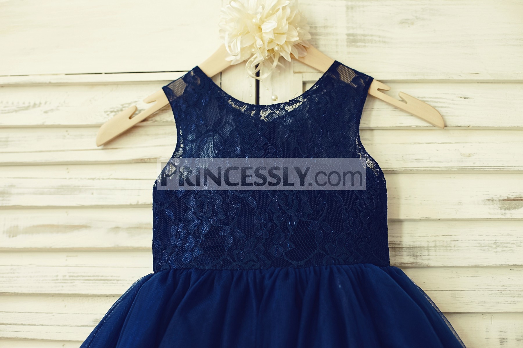 Sleeveless Sheer Scoop Neck Navy Blue Lace Tulle Wedding Flower Girl ...